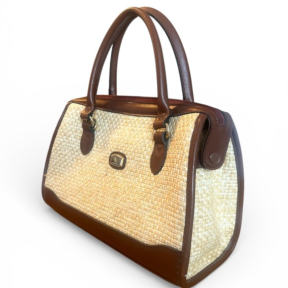 Vintage Woven Straw & Brown Leather Satchel Handbag | Summer Top Handle Purse - Picture 3 of 7